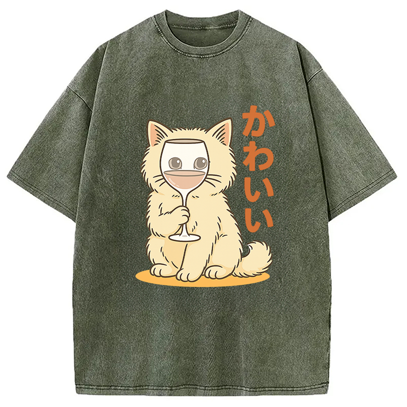 Modecanvas Kawaii Cat with Wine Glass Face Washed T-Shirt