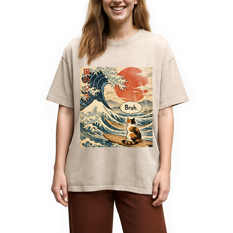 Modecanvas Bruh. The Great Wave Japanese Surfing Cat DTG Printing Washed T-Shirt