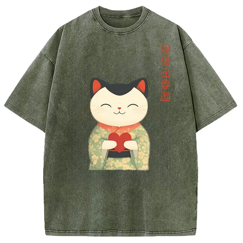 Modecanvas Japanese Maneki Geisha Kitty Washed T-Shirt