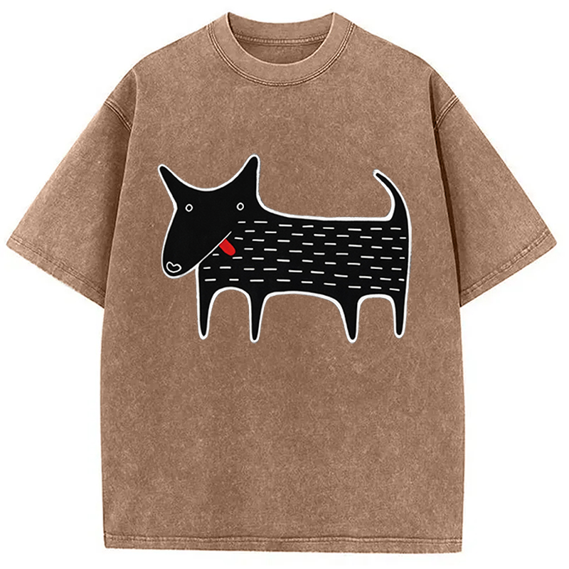 Modecanvas Black Dog Kawaii Folk Art DTG Printing Washed T-Shirt