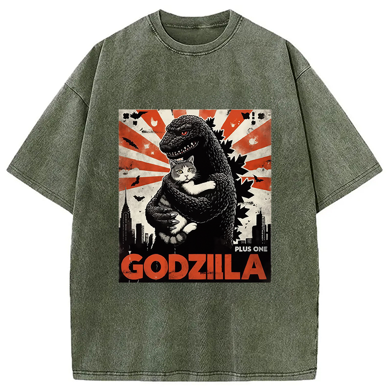 Modecanvas Catzilla Funny Monster And Cat Vintage Washed T-Shirt