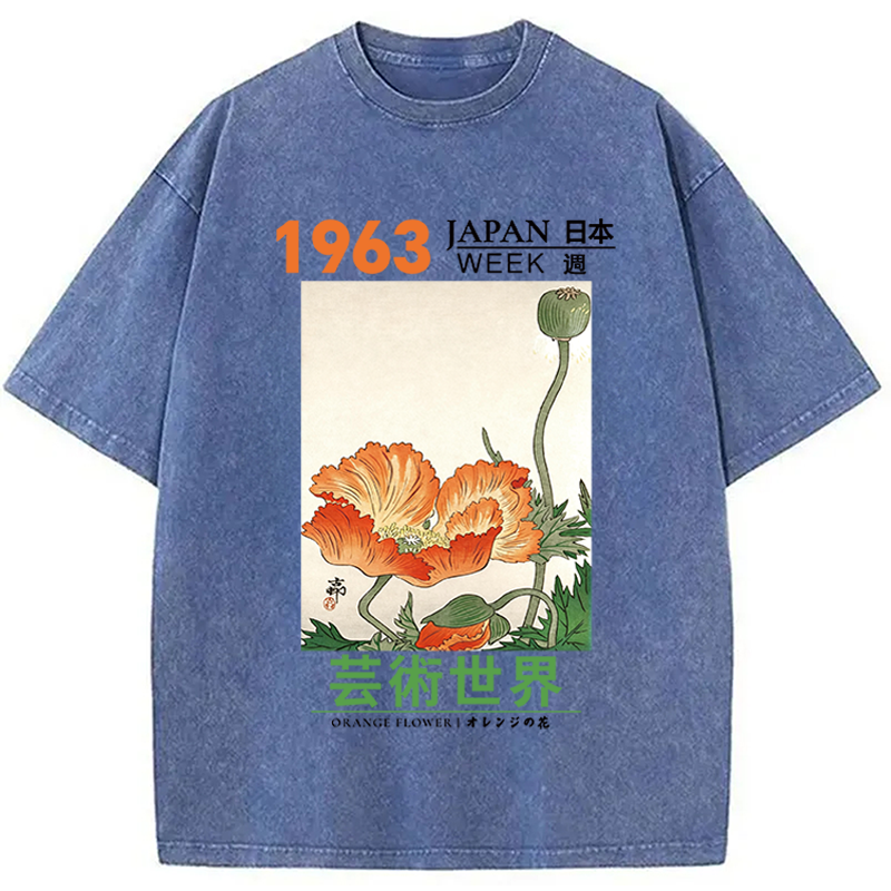 Modecanvas Orange Flower DTG Printing Washed T-Shirt