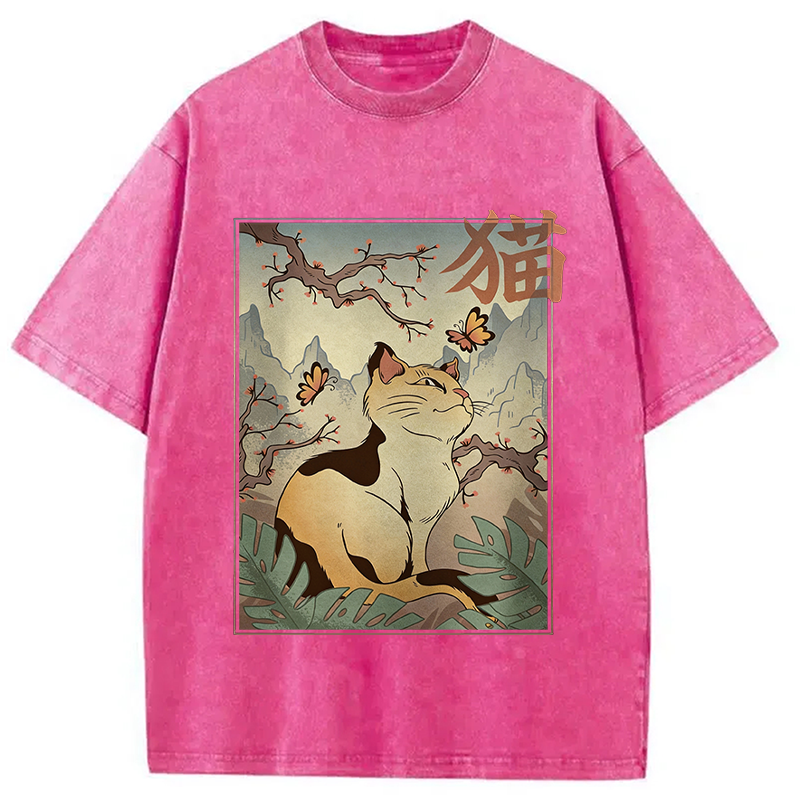 Modecanvas Kawaii Cat DTG Printing Washed T-Shirt-modecanvas