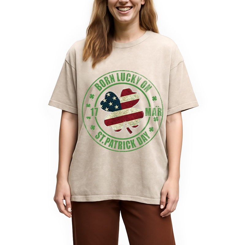 Modecanvas Born Lucky On St Patricks Day DTG Printing Washed T-Shirt