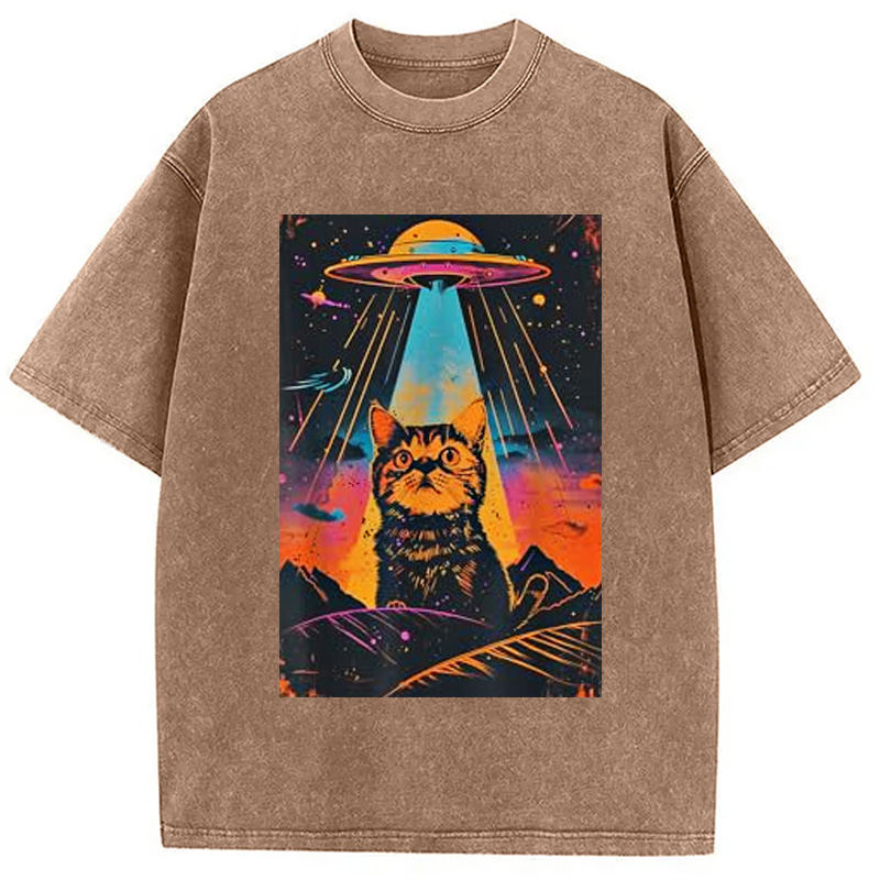 Modecanvas Catzilla Vintage Funny Cute Cat Washed T-Shirt-modecanvas