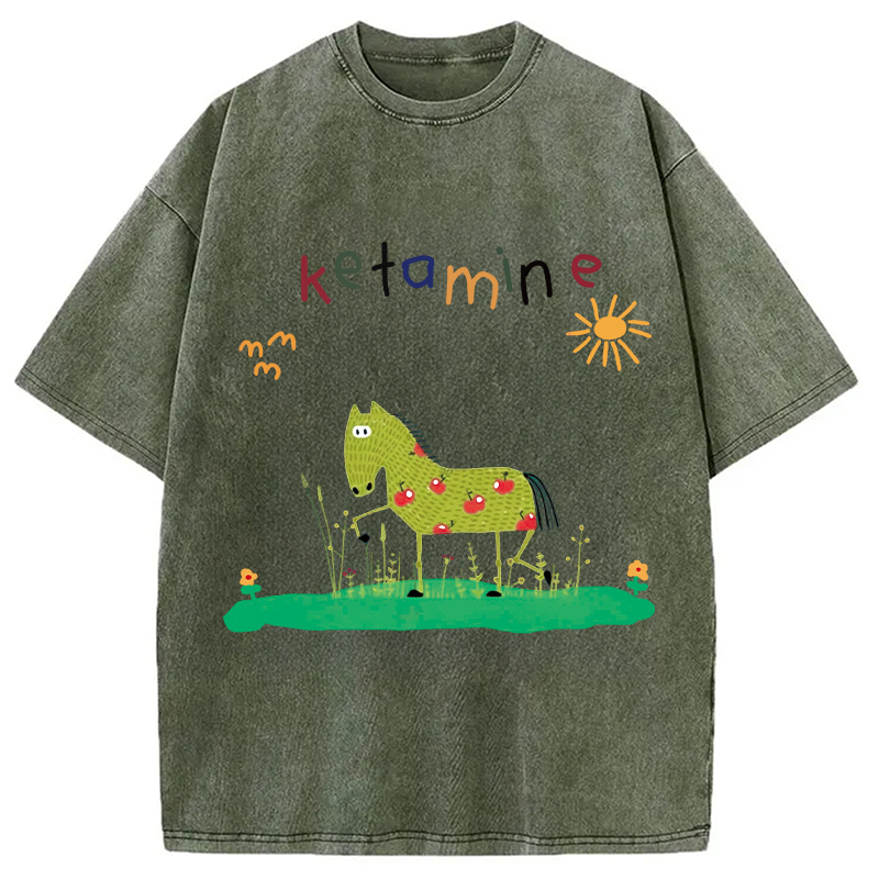 Modecanvas Funny Ketamine Horse DTG Printing Washed T-Shirt