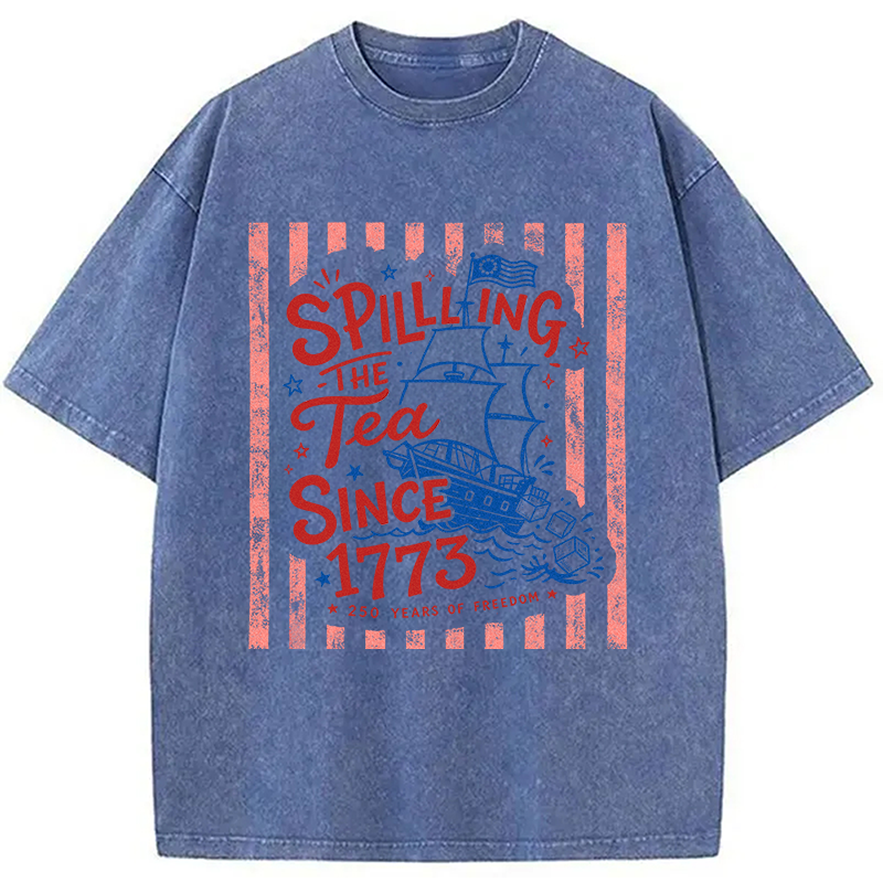 Modecanvas Striped Spilling The Tea Since 1773 DTG Printing Washed T-Shirt