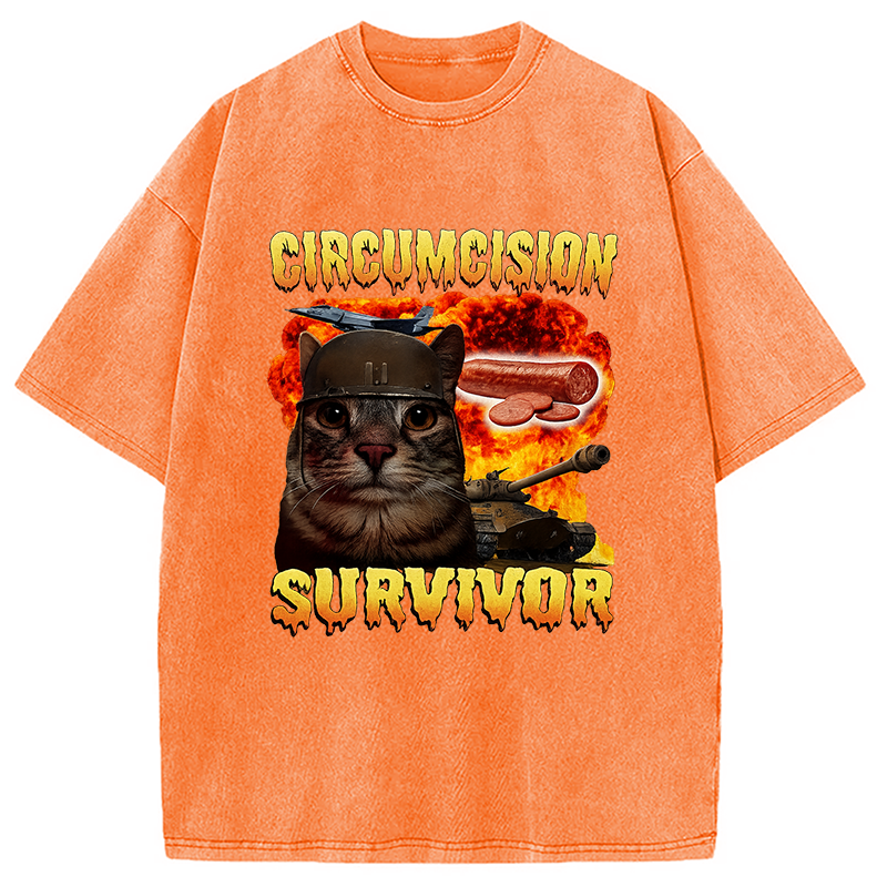 Modecanvas Circumcision Survivor Funny Cat Meme Washed T-Shirt-modecanvas