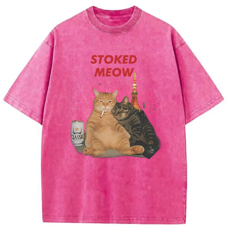 Modecanvas Stoked Meow Smoking Cat Washed T-Shirt