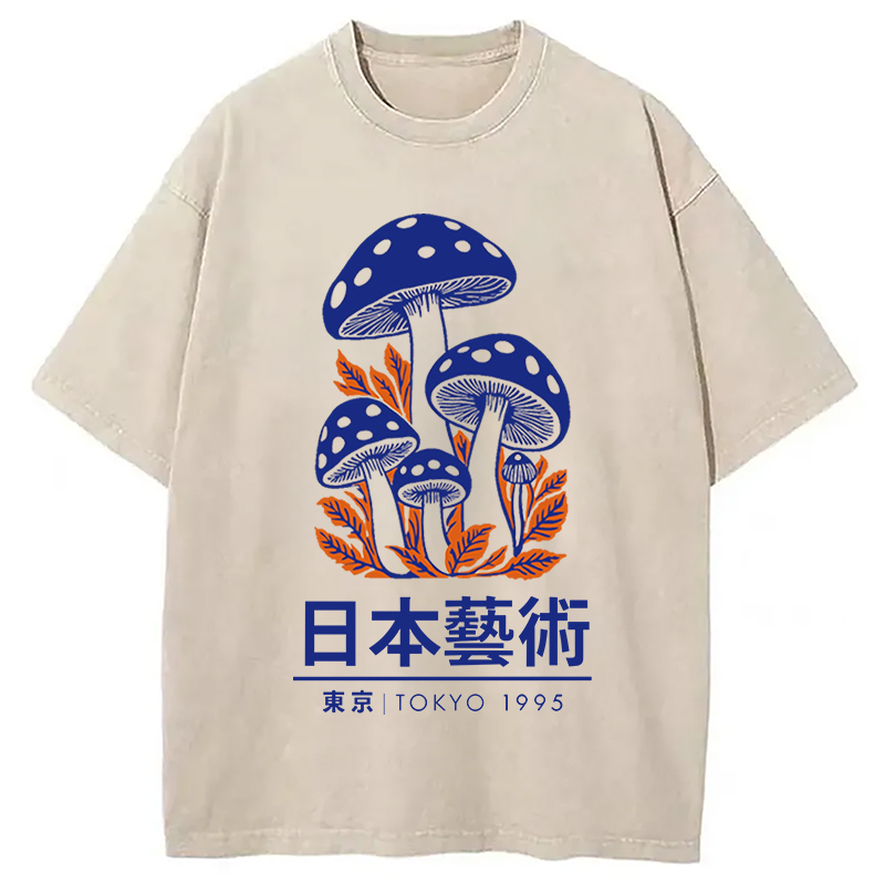 Modecanvas Japanese Art Blue Mushroom Washed T-Shirt