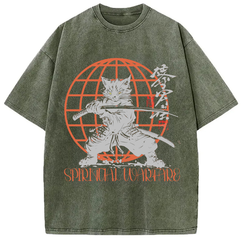 Modecanvas Samurai Cat Spiritual Warfare Washed T-Shirt