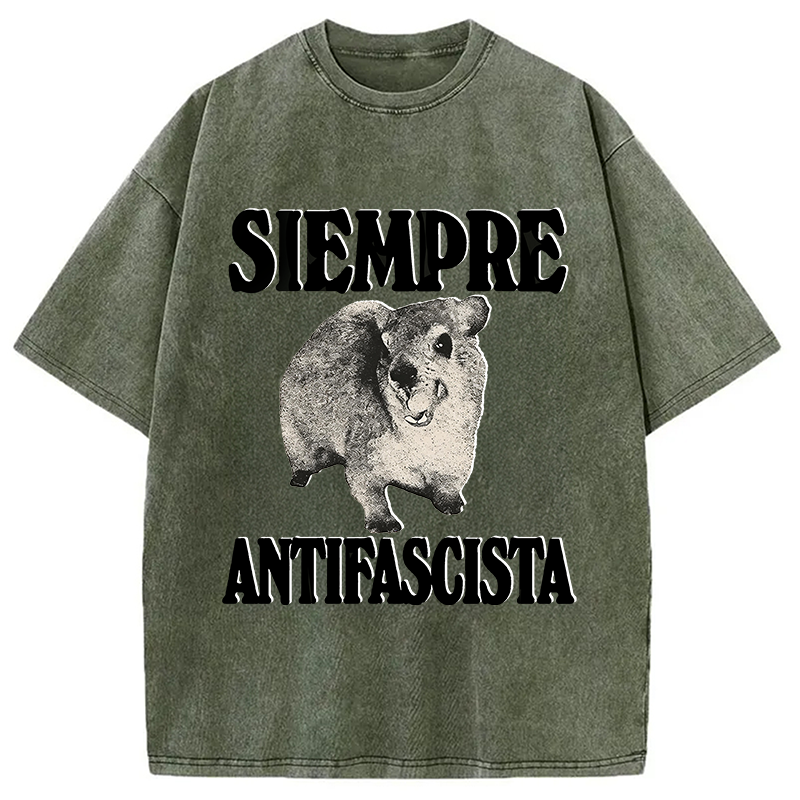 Modecanvas Siempre Antifascista Funny Rock Hyrax Meme DTG Printing Washed T-Shirt
