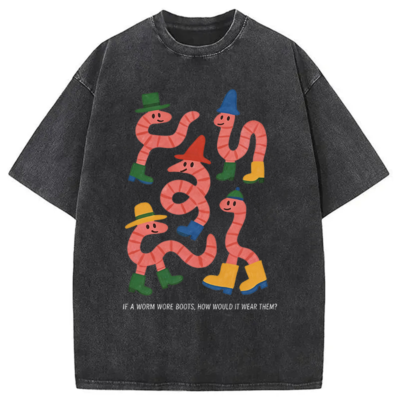 Modecanvas Whimsical Worms In Boots DTG Printing Washed T-Shirt