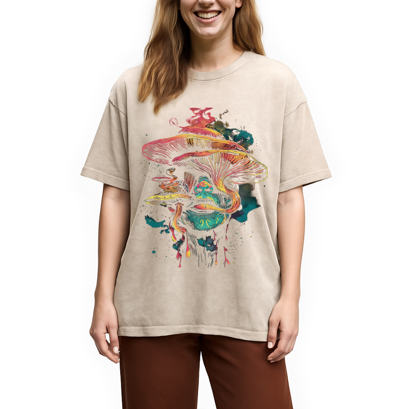 Modecanvas Trippy Mushroom DTG Printing Washed T-Shirt-modecanvas