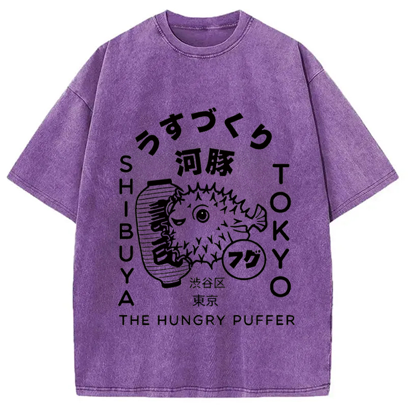 Modecanvas Japonais Puffer Fish DTG Printing Washed T-Shirt