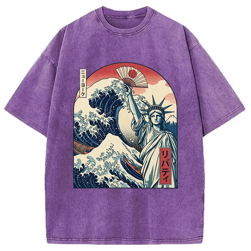 Modecanvas Ukiyo-e Statue Of Liberty DTG Printing Washed T-Shirt