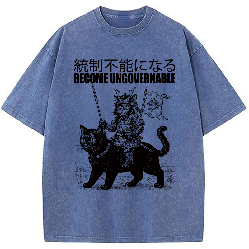 Modecanvas Become Ungovernable Japanese Funny Cat Samurai Riding A Cat DTG Printing Washed T-Shirt-modecanvas