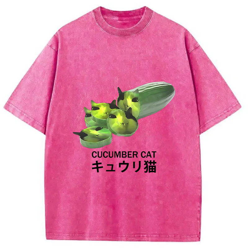 Modecanvas Funny Cucumber Cat Meme Washed T-Shirt