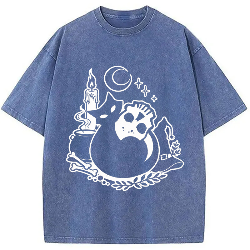 Modecanvas Black Cat Holding Skull DTG Printing Washed T-Shirt