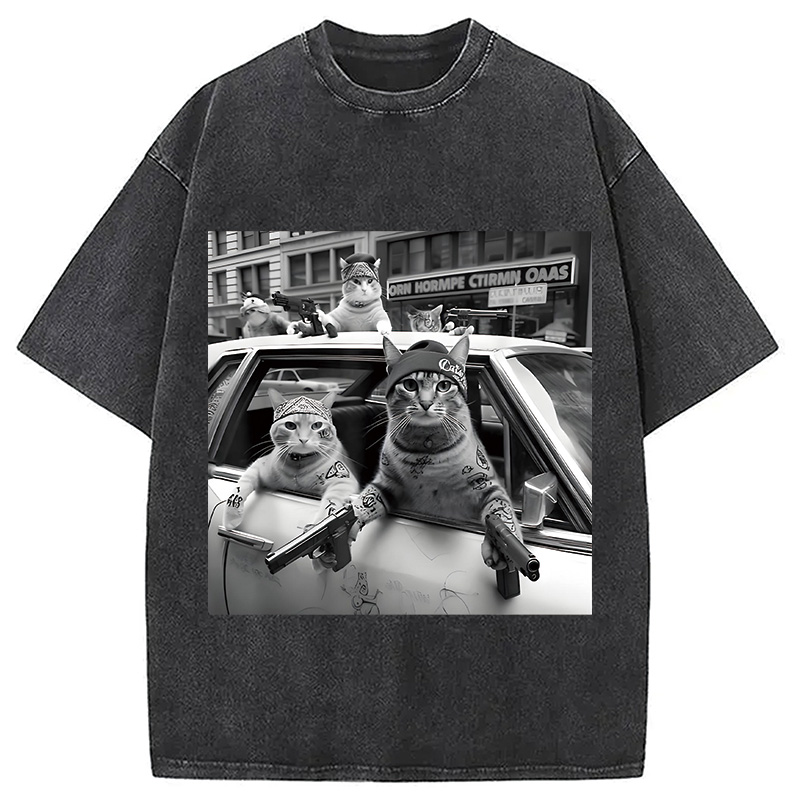 Modecanvas Funny Gangster Cats DTG Printing Washed T-Shirt-modecanvas