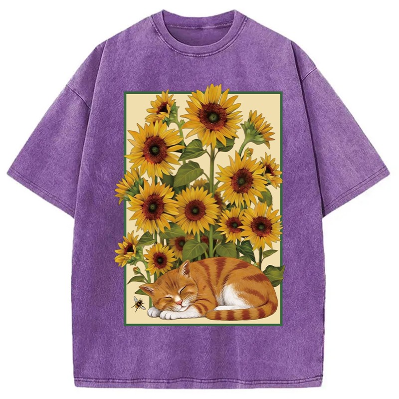 Modecanvas Sunflower Orange Cat Washed T-Shirt-modecanvas