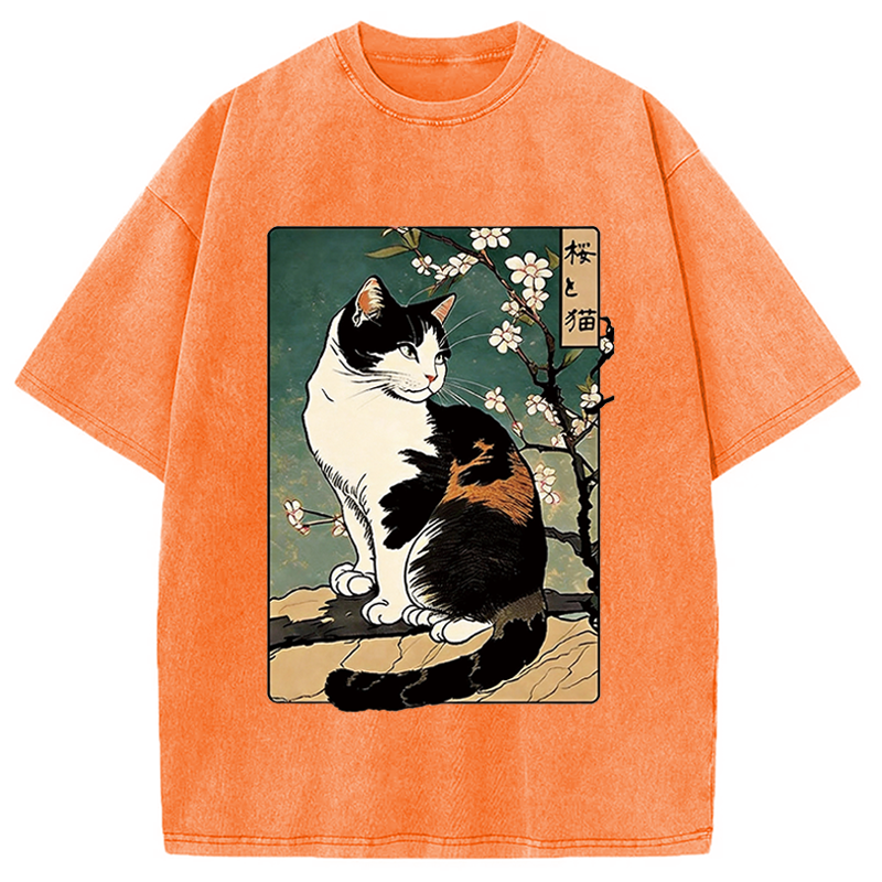 Modecanvas The Cat Under the Sakura DTG Printing Washed T-Shirt-modecanvas