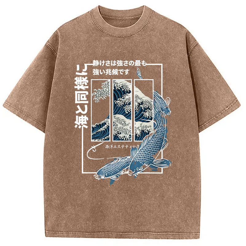 Modecanvas Koi Fish Great Wave DTG Printing Washed T-Shirt