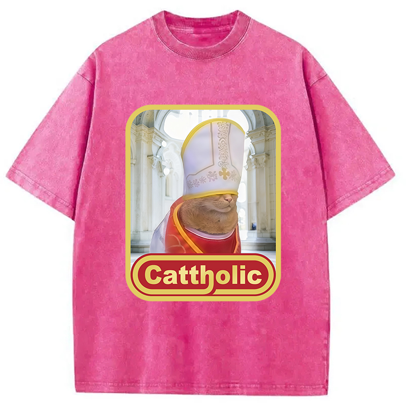 Modecanvas Cattholic Cat Funny Washed T-Shirt