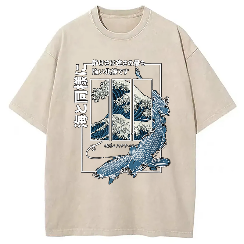 Modecanvas Koi Fish Great Wave DTG Printing Washed T-Shirt