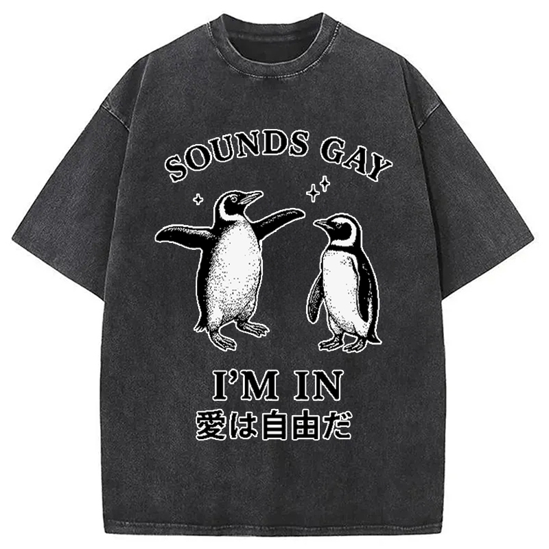 Modecanvas Loving And Free Penguins Washed T-Shirt