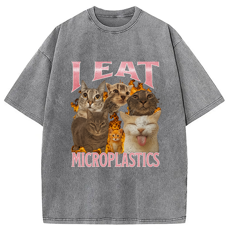 Modecanvas I Eat Microplastics Funny Cat Meme Washed T-Shirt-modecanvas