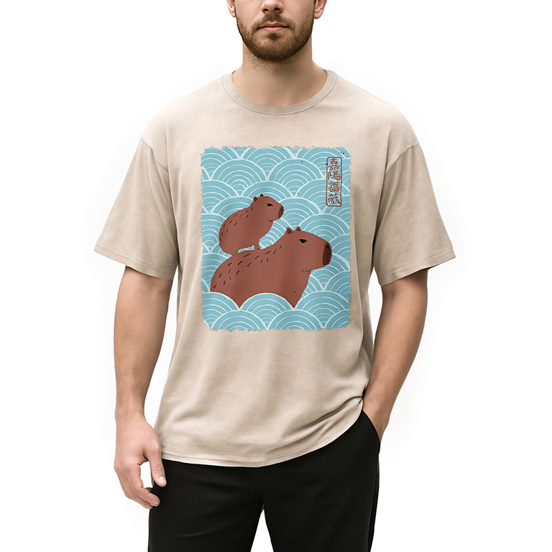 Modecanvas Kawaii Capybara Ukiyo-e Washed T-Shirt