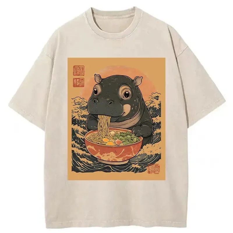 Modecanvas Moo Deng Eat Ramen Washed T-Shirt-modecanvas