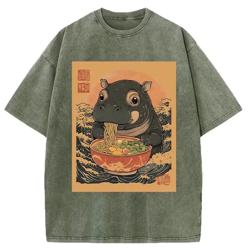 Modecanvas Moo Deng Eat Ramen Washed T-Shirt-modecanvas