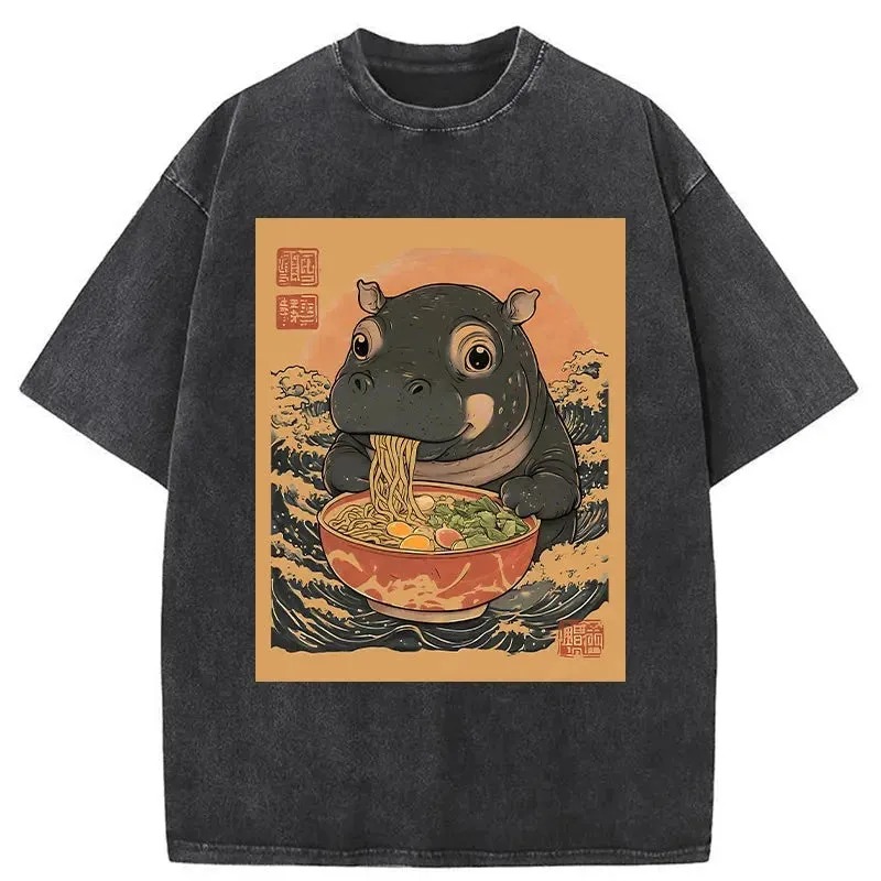 Modecanvas Moo Deng Eat Ramen Washed T-Shirt-modecanvas