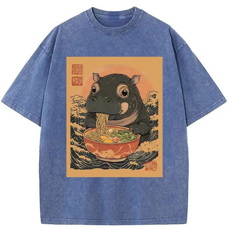 Modecanvas Moo Deng Eat Ramen Washed T-Shirt-modecanvas