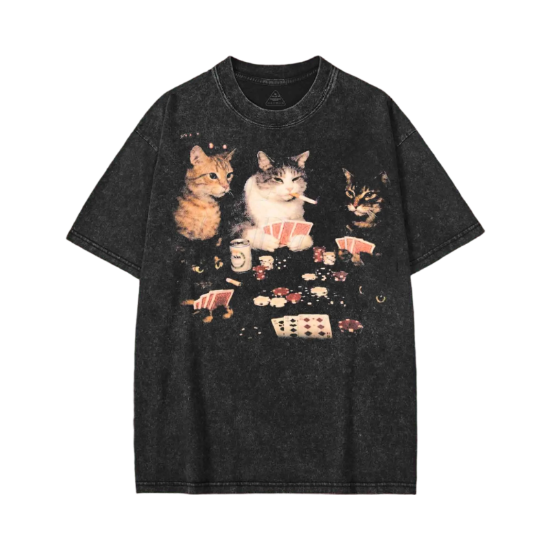 Modecanvas Cats Playing Poker Washed T-shirt