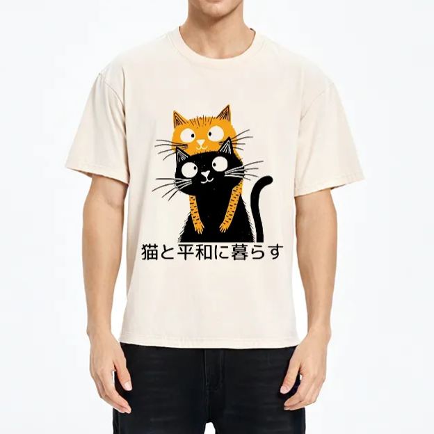Modecanvas Live Peacefully With Cats Washed T-Shirt