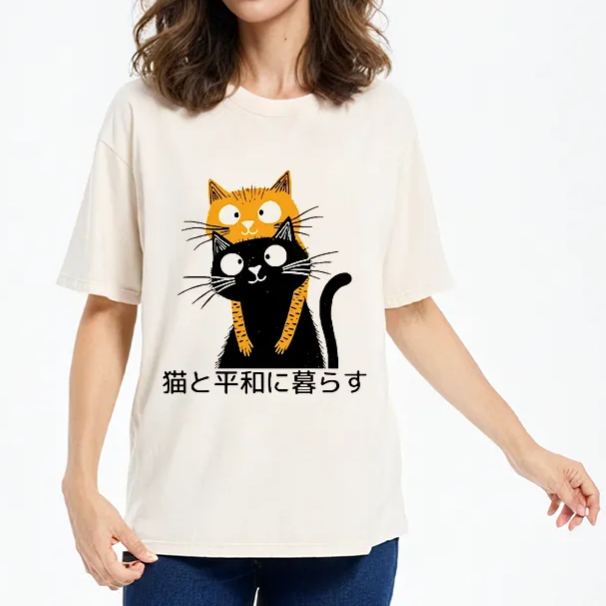 Modecanvas Live Peacefully With Cats Washed T-Shirt