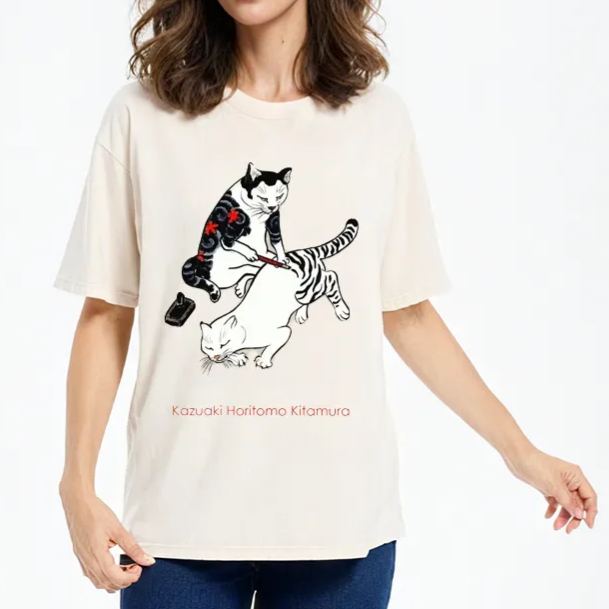 Modecanvas The Cat Is Tattooing Washed T-Shirt