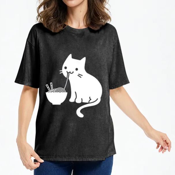 Modecanvas Cat Eating Ramen Japan Washed T-Shirt