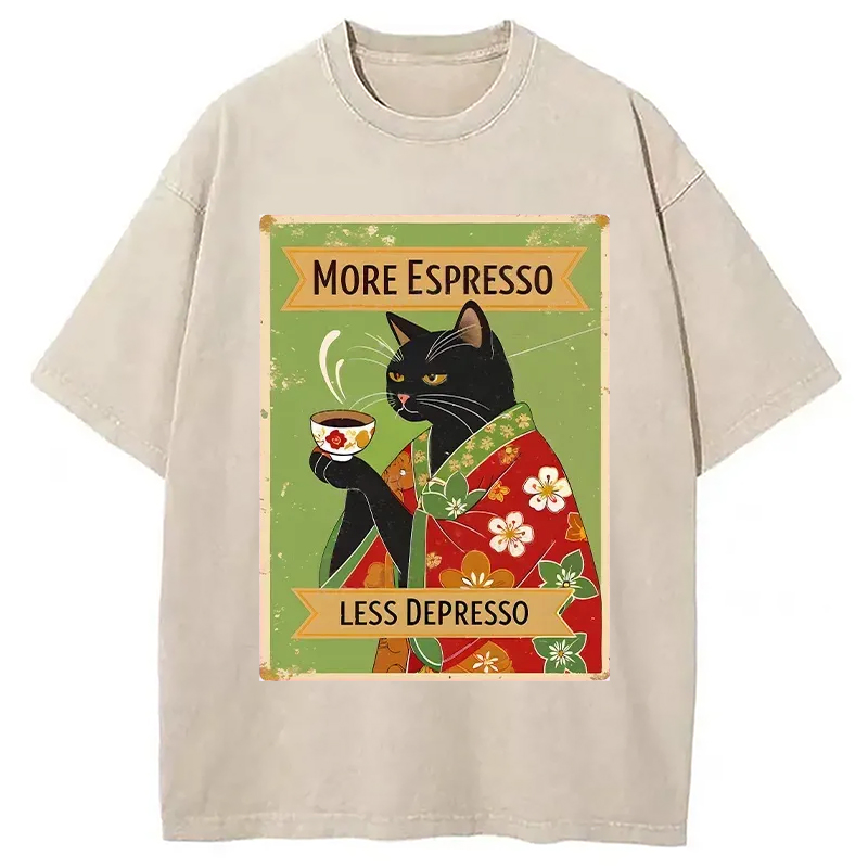 Modecanvas Cute Black Cat Drinking Coffee Washed T-Shirt