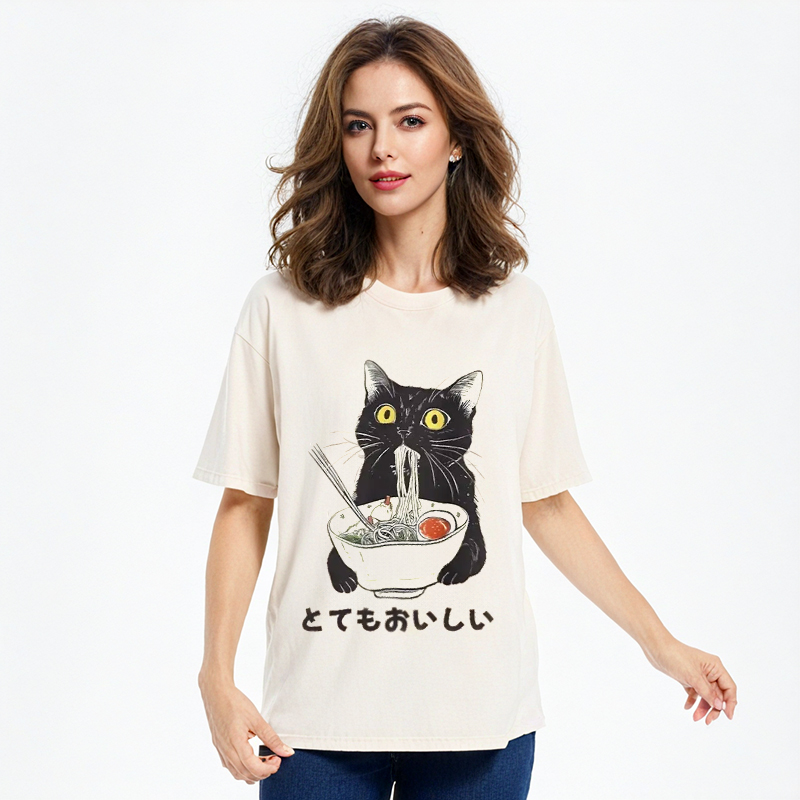 Modecanvas Cats Eat Ramen Noodles Washed T-Shirt