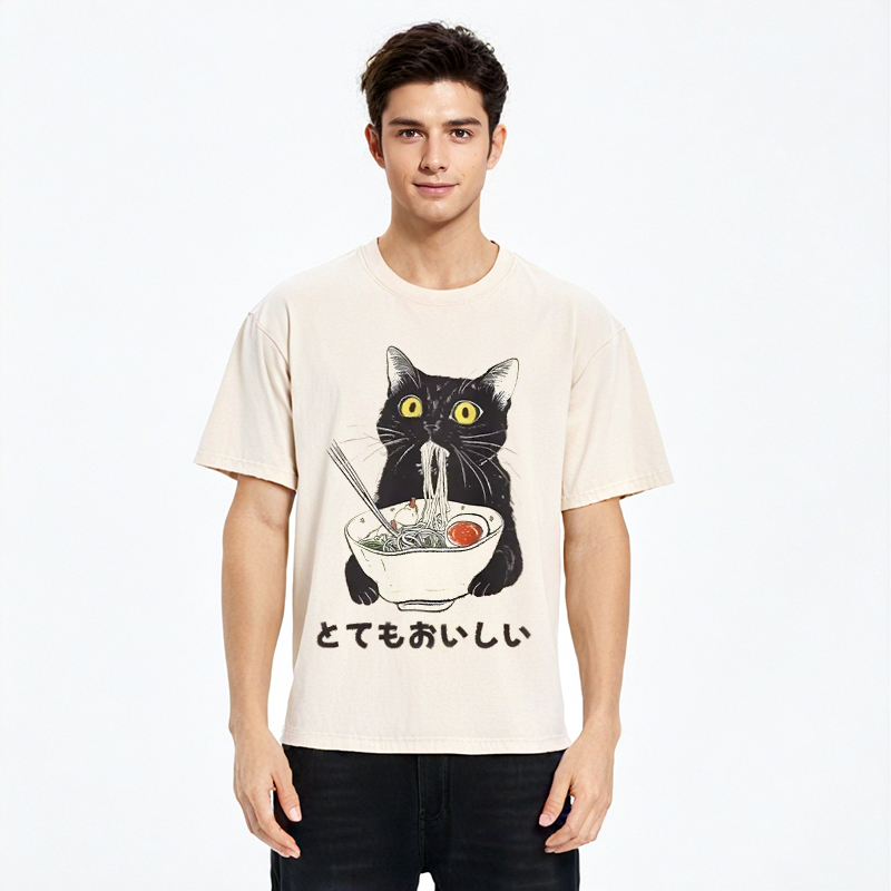 Modecanvas Cats Eat Ramen Noodles Washed T-Shirt