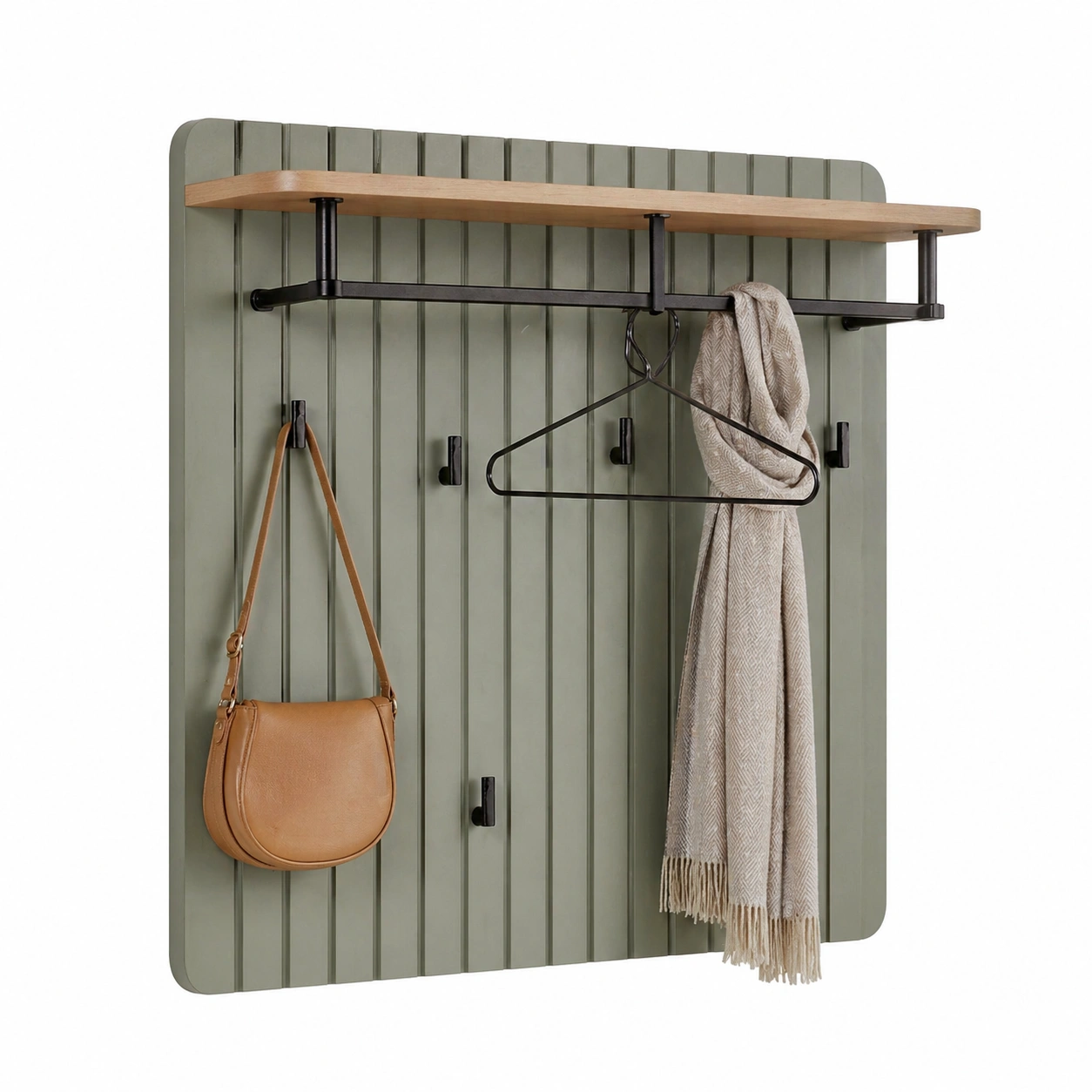 Modernes Garderobenpaneel mit Ablage und Metallstange in Salbeigrün – Wandgarderobe mit Hakenleiste-ordermovo