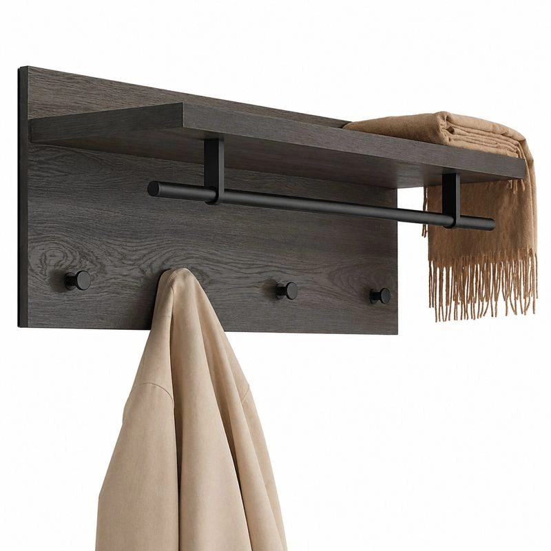 Moderne Wandgarderobe mit Ablage und Kleiderstange Holzoptik dunkel minimalistisch 4 Haken-ordermovo