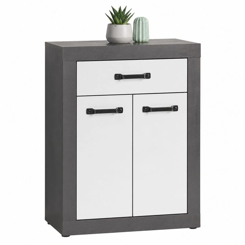 Moderne Schuhkommode Beton Optik Dunkel mit 2 Tueren und Schublade 68x115 cm-ordermovo