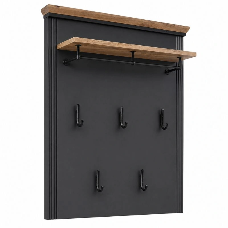 Garderobenpaneel Wand modern Schwarz Holz Metall mit Ablage und Kleiderstange 5 Haken 93 cm-ordermovo