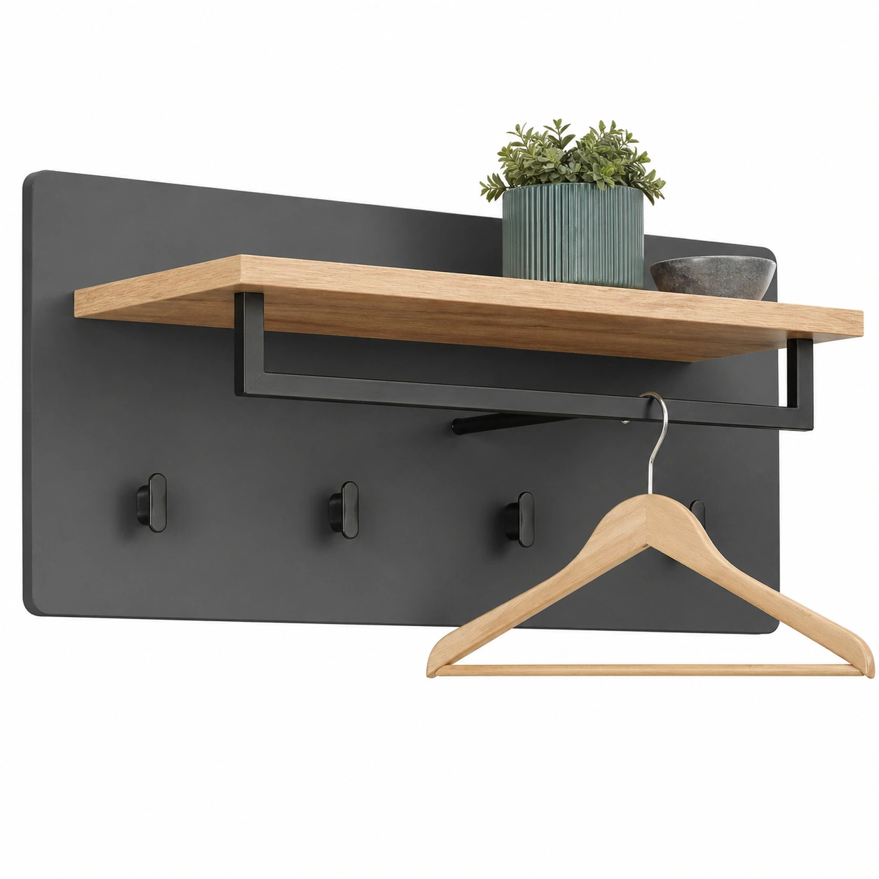 Modernes Garderobenpaneel mit Ablage und Kleiderstange in Dunkelgrau und Holzoptik – 90 cm Wandgarderobe-ordermovo