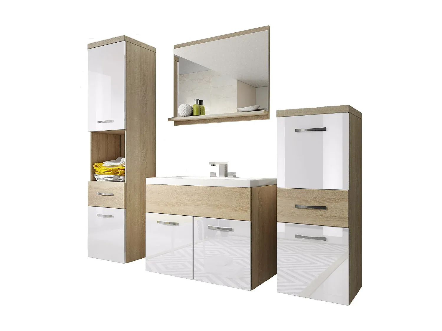 Moderne Badmöbel mit Sonoma Eiche und Weiß Hochglanz